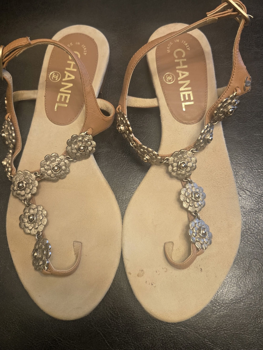 Chanel Tan Leather Floral Toe-Ring Sandals